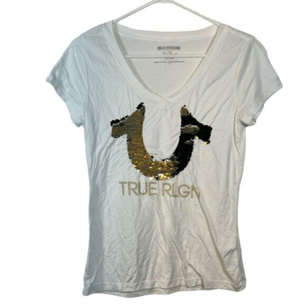 True Religion White Sequin Logo Short Sleeve Shirt Size Small EUC #6772